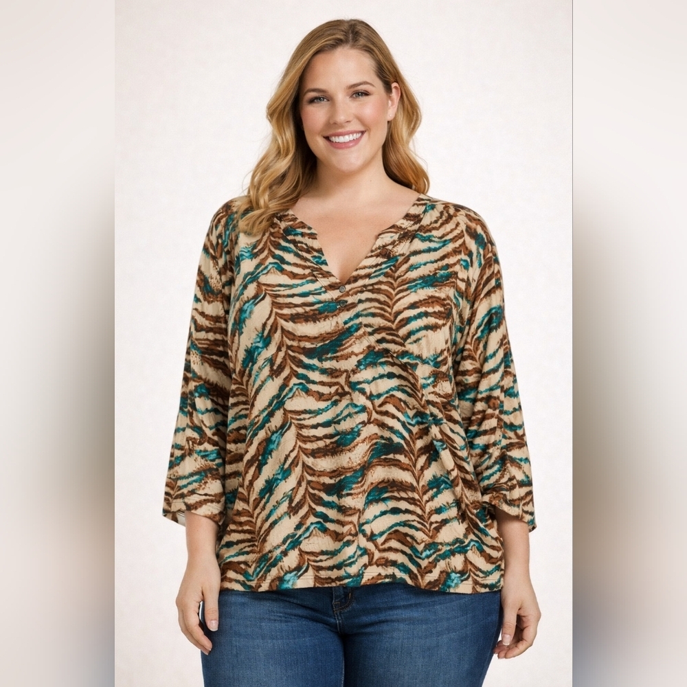 Maggie Barnes 2XL Brown Animal Print Blouse | Plus Size V-Neck Top